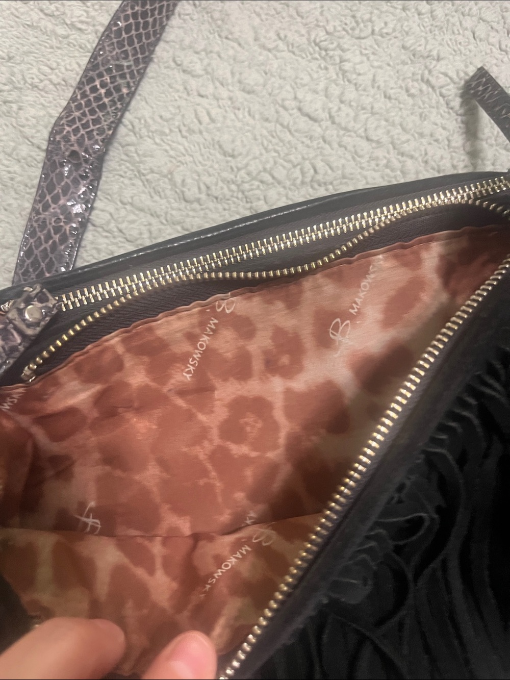 B. Makowsky Leather Black Fringe Crossbody Bag - Stylish Leather & Suede Bag - Picture 6 of 14
